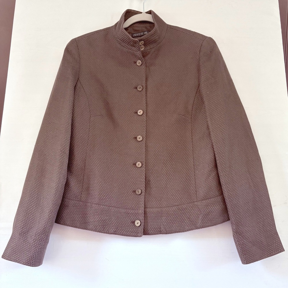 Lafayette 148 New York Brown Textured‎ Basketweave Mock Neck Button Front Blazer
